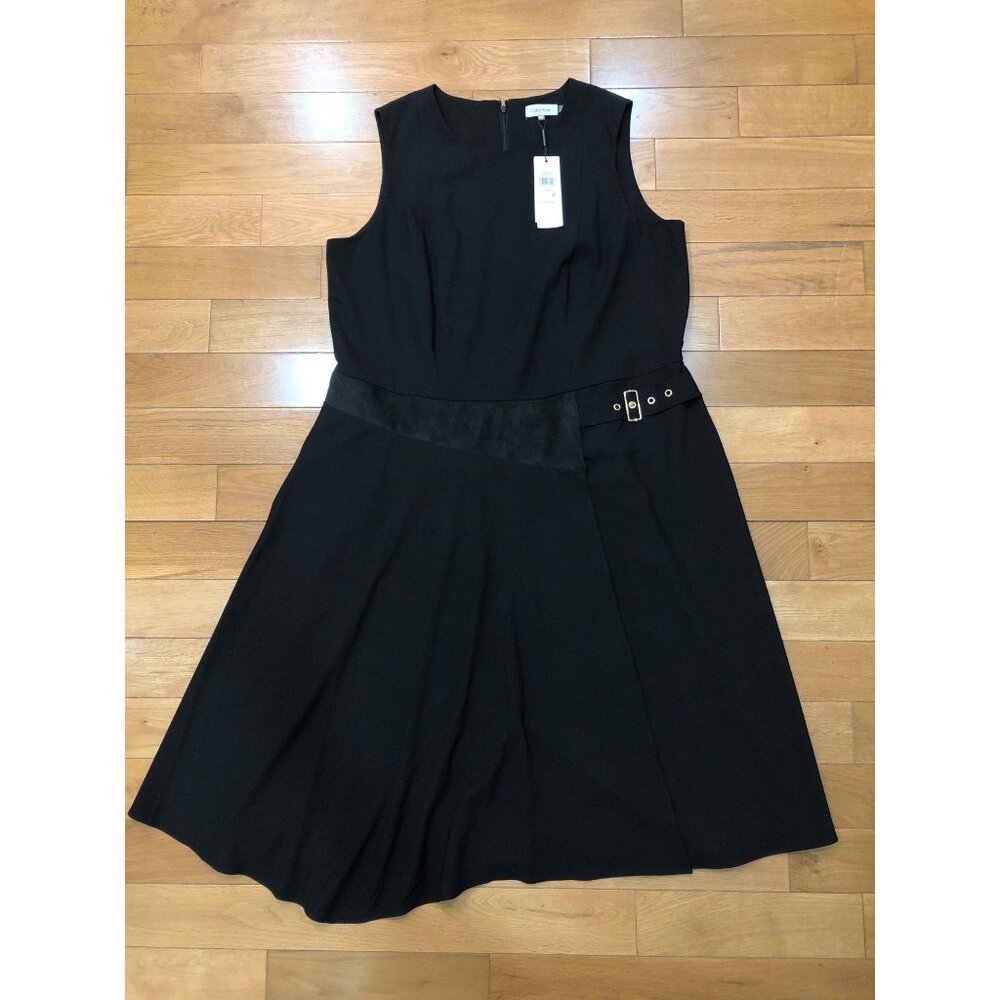 NWT Calvin Klein Sleeveless Black Sheath Dress w/Faux Suede Waist & Buckle 14W - Picture 4 of 11